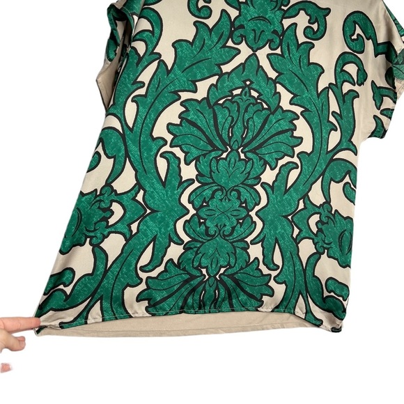 Alfani Damask Print Green & Beige Boxy Fit Short Sleeve Blouse - Picture 8 of 13